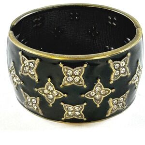 Forest Green Wide Oval Enamel Hinged Cuff Bracelet Quatrefoil Rhinestone RARE